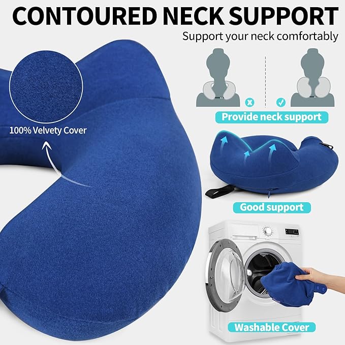 Inflatable Travel Neck Pillow for Airplane, 360° Head Support Velvet Adult Neck Pillow for Long Flight, Removable Washable Cover, Kit with Eye Masks, Earplugs & Storage Bag, Navy Blue
