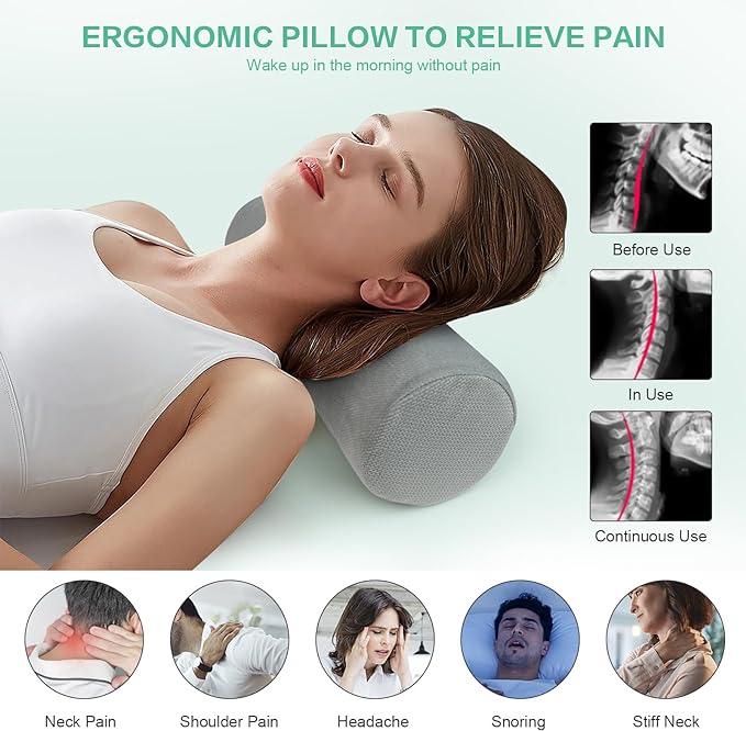 Cervical Neck Roll Foam Pillow, Round Neck Support for Sleeping, Bolster Pillow for Bed, Legs, Back and Yoga, Removable Washable Cover, 4.7 Inch Diameter x 17 Inches Long (Grey)