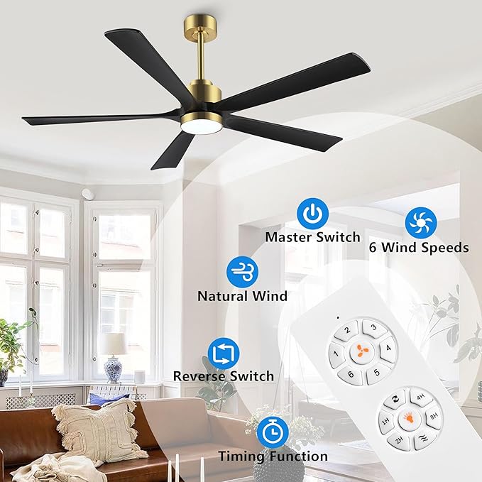60" Modern Ceiling Fan with Light and Remote Control, 5 Solid Wood Blades 6-Speed Noiseless Reversible DC Motor, Ceiling Fan for Bedroom Dinning Living Room, Gold Finish with Black Blades