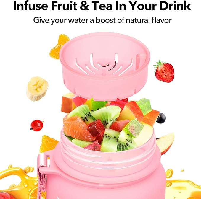 32oz/26oz Motivational Water Bottle with Time Marker & Fruit Strainer, Leak-proof BPA Free Non-Toxic 1l Bottle with Carrying Strap, Perfect for Fitness, Gym and Outdoor Sports, Plastic