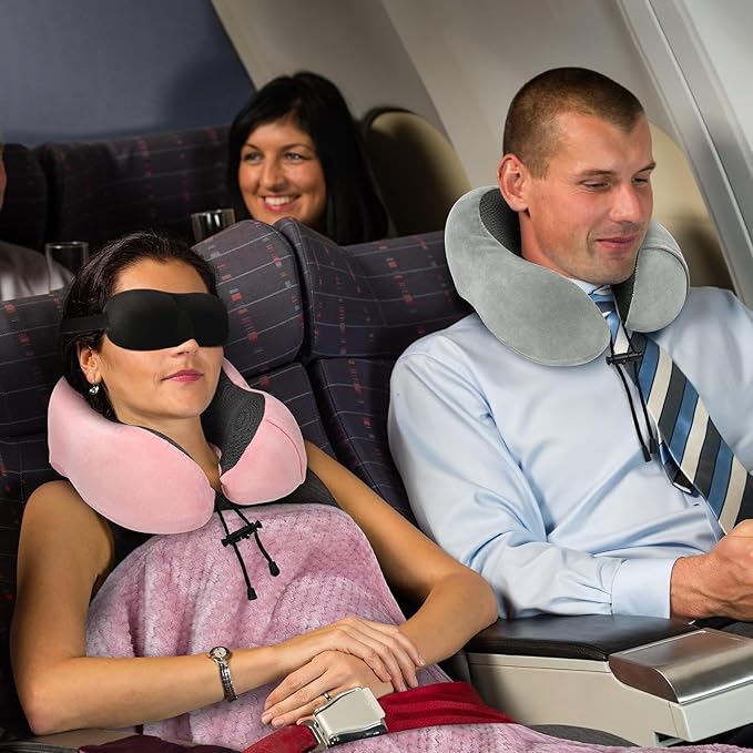 Travel Pillow and Blanket Set Neck Pillows Soft Blankets with Sleep Mask Travel Essentials for Airplane Car Memory Foam Pink