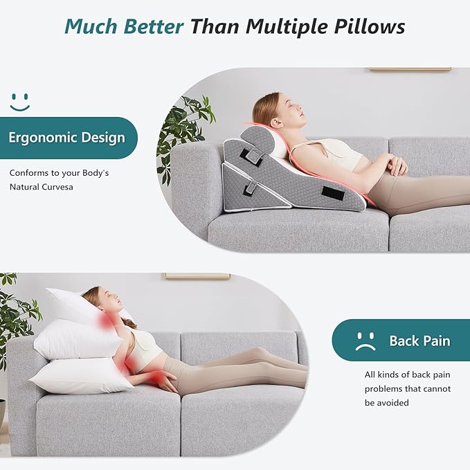3 PCS Upgraded Bed Wedge Pillow for Sleeping - 35D Post Surgery Pillow for Back Leg Pain Relief - 22" Wide Adjustable Triangle Wedge Pillow Set for Acid Reflux & GERD & Snoring(white grey)