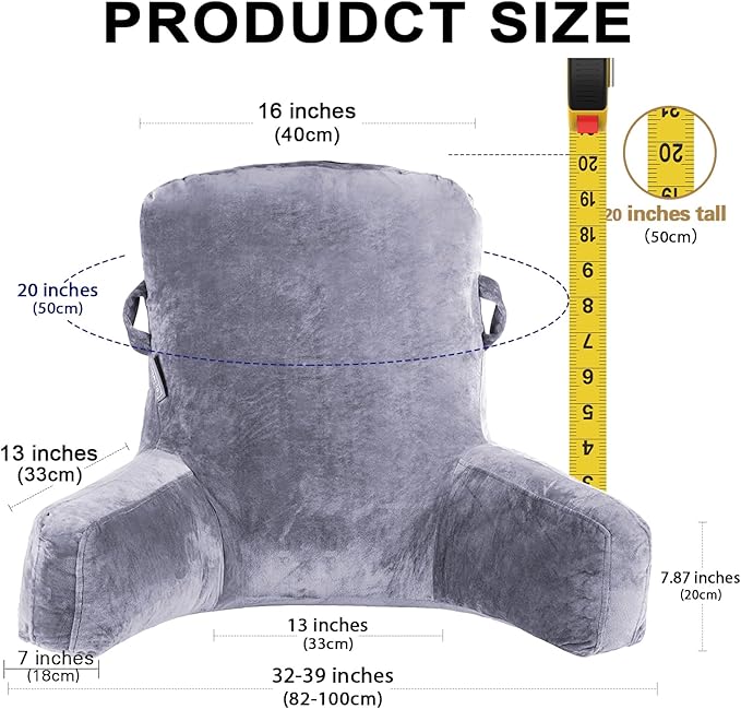 SLIGUY Reading Pillow Standard Bed Pillow for Sitting in Bed Couch or Floor-Backrest with Arms Support and Pockets, Adult Back Pillow Bed Chair for Bed Rest, Reading, Watching TV,Gaming, Grey