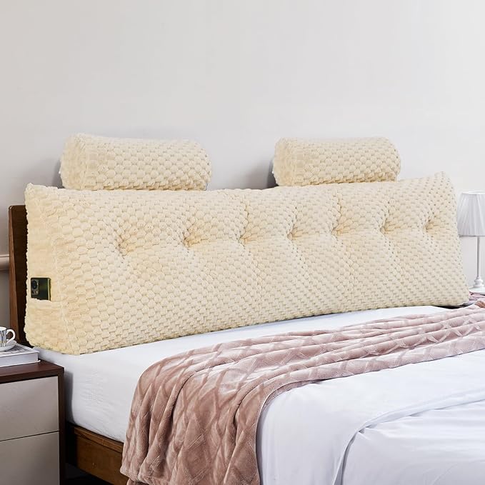 Wedge Headboard Pillow - Bed Wedge Pillow for Headboard Triangular Headboard Pillow with Neck Roll Pillow-Large Bolster Pillow for Sitting in Bed Backrest Positioning Support (Beige,76x8x20 Inches)