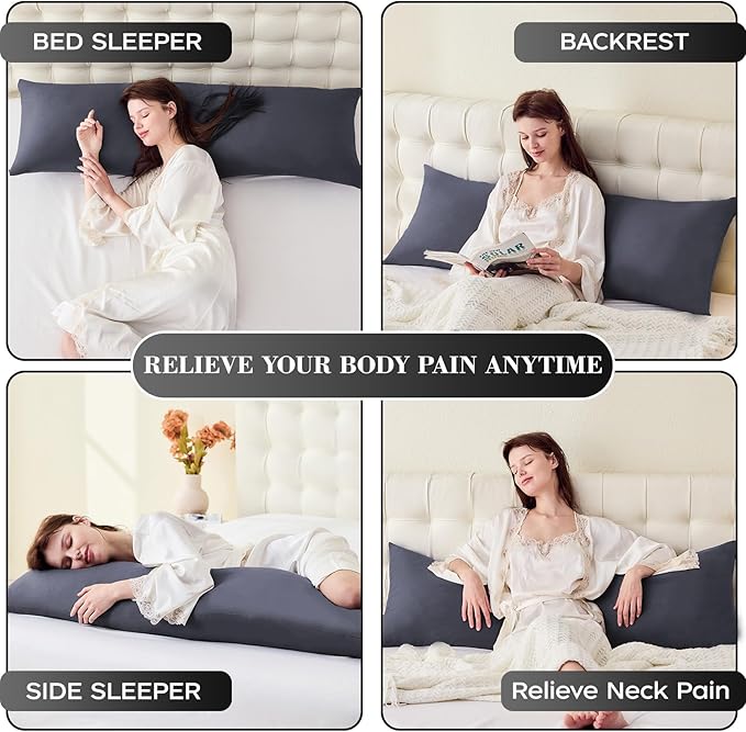 Memory Foam Body Pillow with Grey Removable 100% Cotton Cover, Full Body Pillows for Adults, Large Long Bed Pillow for Sleeping, Firm & Supportive (20x54 inch, Dark Gray)