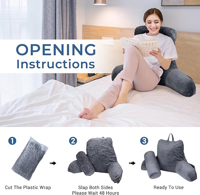 COOLBEBE Reading Pillow for Bed Backrest Pillow for Bed Sitting Up Adult with Arms Grey Back Support Pillow with Headrest & Pockets, Removable Washable Cover and Detachable Neck Roll(Standard 18")