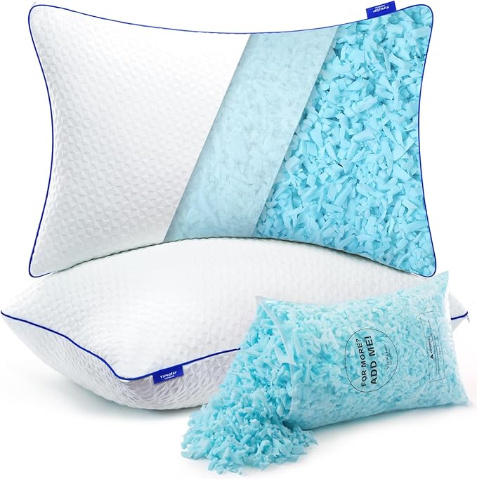 viewstar Memory Foam Pillows Queen Size Set of 2, Adjustable Firm Pillows for Side Back Stomach Sleepers, Shredded Gel Pillows for Sleeping 2 Pack with Washable Removable Cover 19"x 28"