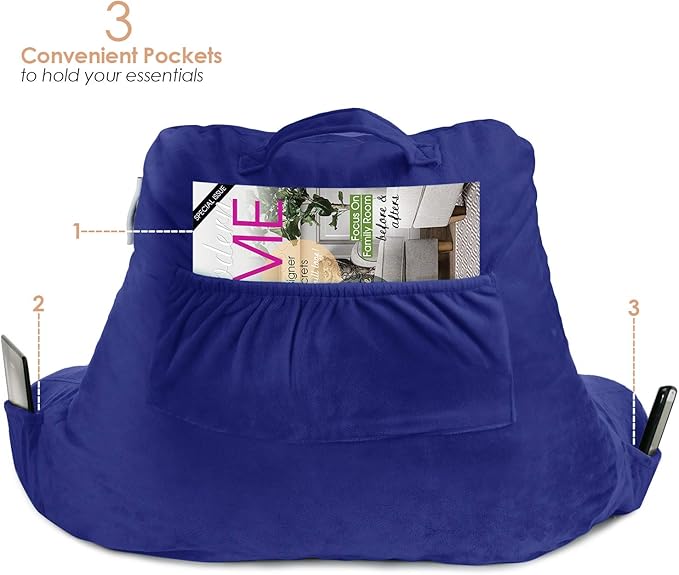 Nestl Reading Pillow Standard Bed Pillow, Back Pillow for Sitting in Bed Shredded Memory Foam Chair Pillow, Reading & Bed Rest Pillows Royal Blue Back Pillow for Bed, Bed Chair Arm Pillow with Pockets