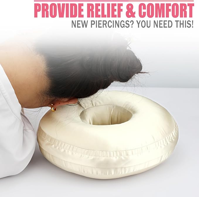 Satin Ear Piercing Pillow Removable Cover Luxury Cnh Pillow with Ear Holes for Ear Pain Side Sleepers Washable Large Donut Pillows Head Neck Support Champagne