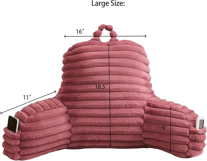 Faux Fur Fluffy Dusty Rose Reading Pillow with Pockets, Luxury Striped Plush Decorative, Arm Rests and Back Surport for Bed Rest, Lounging on sofa, Large
