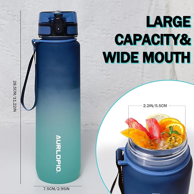 32oz/1L Water Bottle, Sports Water Bottle with Times to Drink & Lock Cover+Strainer,BPA-Free, Leakage Proof, Sports Drink Bottle for Bicycle, Outdoor, Gym, School, Reusable Daily(Blue-green)
