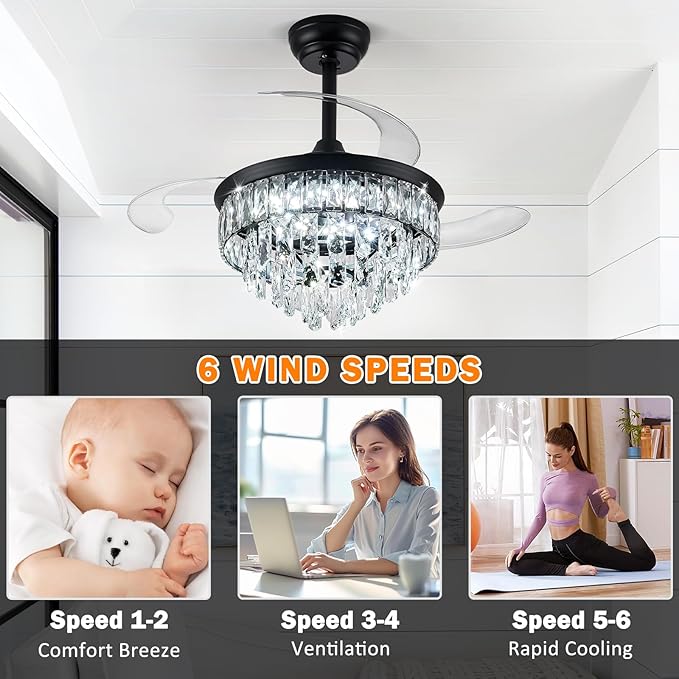 LEONTYNE 36" Modern Crystal Ceiling Fan with Lights and Remote Invisible Retractable LED Dimmable Chandelier Fan 3 Blades 6 Speeds Fandelier for Bedroom Living Room Dining Room (Black)