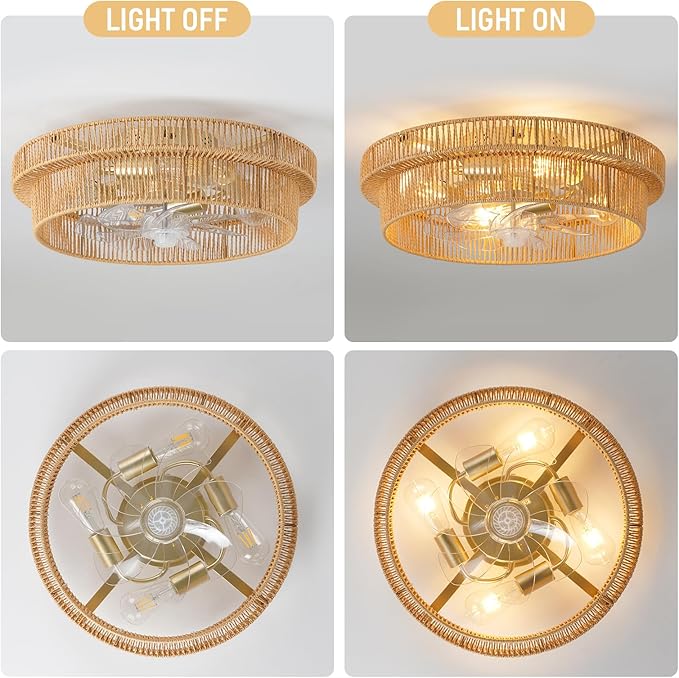 20" Boho Ceiling Fan with Light,Rattan Caged Fandeliers with Lights and Remote/Hidden Blade/Low Profile/6-speed for Bedroom Living Room Kitchen