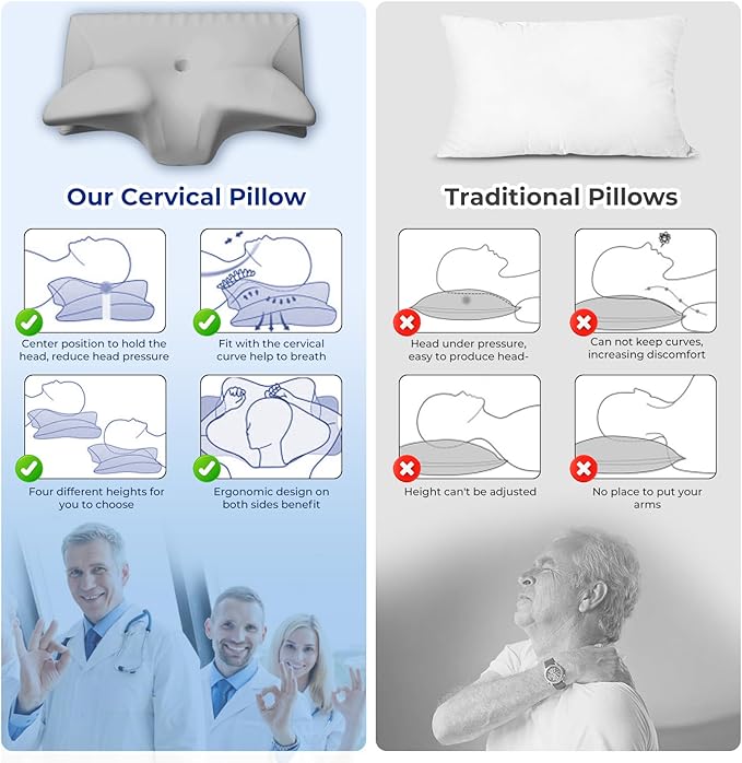 Cervical Pillow for Neck Pain Relief, Cooling Contour Memory Foam Pillows Support Odorless Ergonomic Neck Pillow Adjustable Orthopedic Bed Pillow for Side Back Stomach Sleeper with Pillowcase Grey