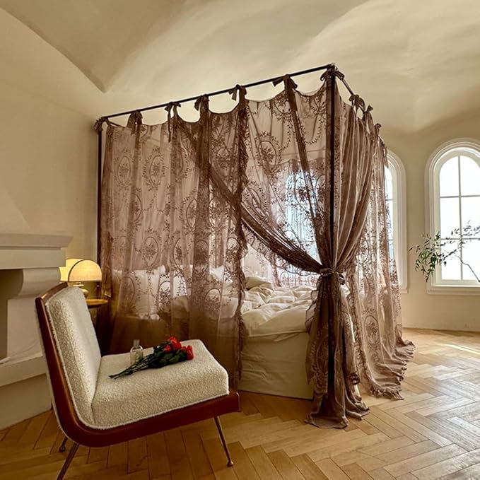 Elegant Lace Princess 4 Corner Post Mosquito Net Romantic for Girls Women Bed Curtain Canopy for Adult Wedding Bedroom Kids Rooms Decoration (Coffee, California King)