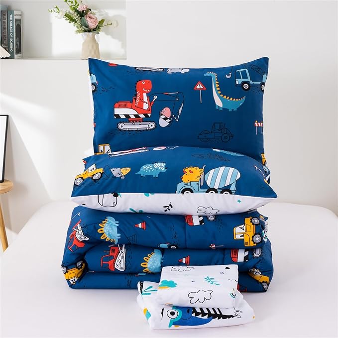 Meeting Story Construction Truck Car Full Comforter Set for Boys,5 Pieces Dinosaur Bedding Set with Sheets and Pillowcases，Excavator Lightweight Microfiber Bedding Sets（Blue，Full5pcs）