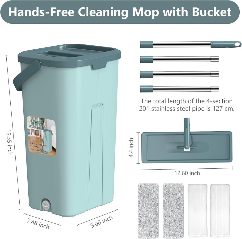 Aifacay Mop and Bucket with Wringer Set, Flat Wall Mop and Bucket Set with 4 Reusable Microfiber Pads, Hand Wash Free Floor Cleaning System Wet and Dry Use for Hardwood Tile Window Corner Baseboard