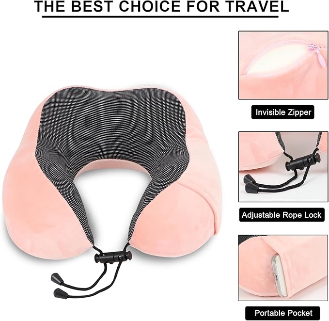 Pure Memory Foam Travel Pillow Set for Adults - Comfortable & Breathable Removable Cover, Airplane Travel Kit with Eye Mask & Portable Storage Bags for Plane Accessories - Pink