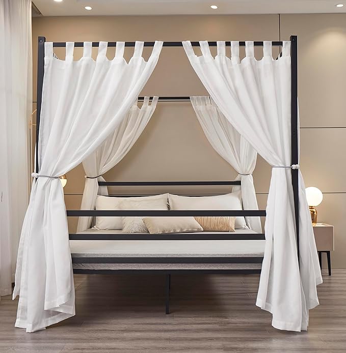 Mengersi Linen Canopy Bed Curtains for Twin,Full,Queen and King Size Bed,Bed Canopy Natural Blended Curtain Panels, 8 Panels Set (All Bed Sizes, White)