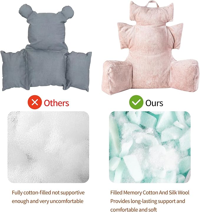 Reading Pillow with Shredded Memory Foam, Large Adult Backrest with Arms, Back Support for Sitting Up in Bed with Washable Cover (Sit up Pillow)