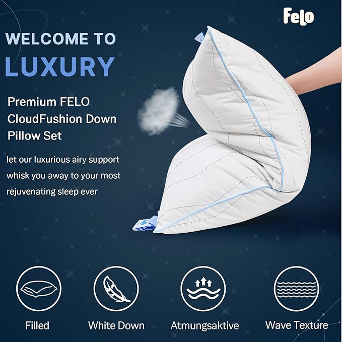 felo Feather Down Pillow Queen Size, CloudFusion Goose Down Pillow for Sleeping, Hotel Collection Bed Pillow for Side Back Pain Sleepers (20" x 30")