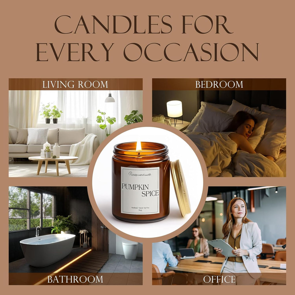 Pumpkin Spice Scented Candles for Home, Natural Soy Wax Aromatherapy Non Toxic Pumpkin Fall Candle Gifts for Women Men, Autumn Amber Glass Jar Candle Decoration for Halloween Holidays (9oz