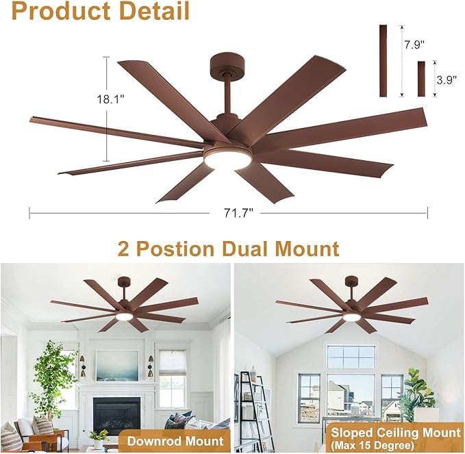 Depuley 72" Modern Ceiling Fan with Light and Remote, LED Dimmable Ceiling Fans with 3-Color Temperatures, Outdoor Ceiling Fan with APP Control for Kitchen Living Room Patio Farmhouse, Brown