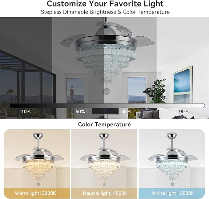LEONTYNE 42" Modern Fandeliers Chandelier Ceiling Fan LED Dimmable Crystal Ceiling Fan with Light and Remote 6 Speed 3 Blades Retractable Fans for Bedroom Living Dining Room
