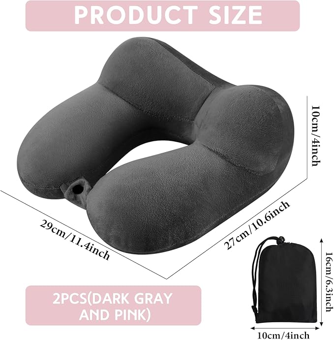 Sintuff 2 Pack Inflatable Travel Pillow for Airplanes Inflatable Neck Pillows with Compact Bag and Blindfold Soft Flight Pillow for Traveling, Airplane, Train, Car, Office(Dark Gray and Light Pink)