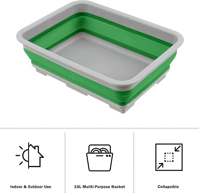 Set of 2 Multipurpose Wash Bins – 10-Liter Basins for Camping, Parties, or Cleaning – Collapsible Bucket Set by Wakeman (Green)