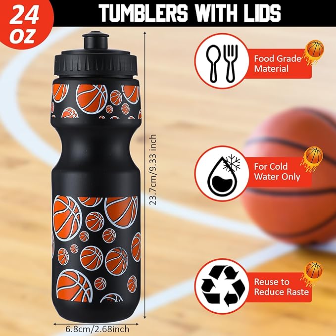 24 Pcs 24 oz Basketball Water Bottle Bulk and Drawstring Bag Set 12 Reusable Plastic Biking Water Bottle Tumbler 12 Sport Gym Goodie Gift Bag for Party Favor (Orange, Black)