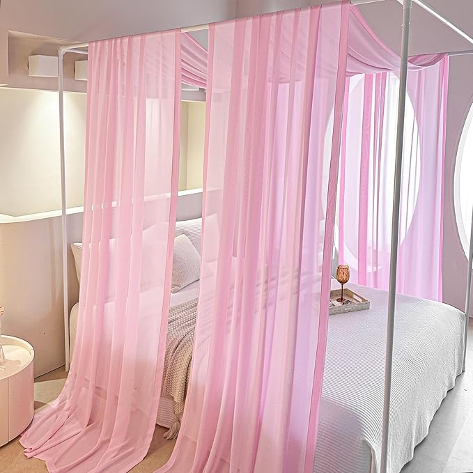 AIKASY Pink Bed Canopy Scarf for Twin - Luxury Sheer Canopy Bed Curtains with Light - Suitable for Four-Poster Bed, Metal Bed Frame, Wood Bed Frame -2pic