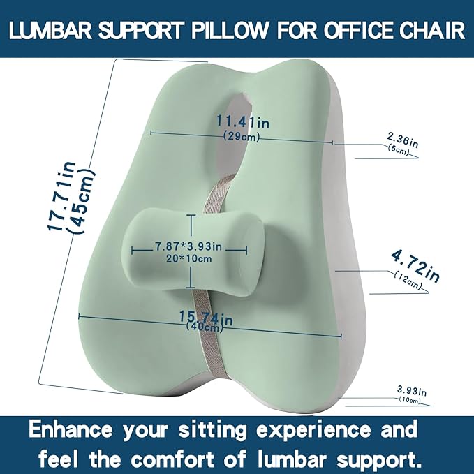 Lumbar Support Pillow for Office Chair Back Support Pillow for Car, Computer, Gaming Chair, Recliner Memory Foam Back Cushion for Improve Posture (Green)