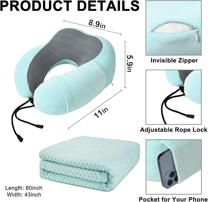 Travel Pillow and Blanket Set Neck Pillows Soft Blankets with Sleep Mask Travel Essentials for Airplane Car Memory Foam Blue Green