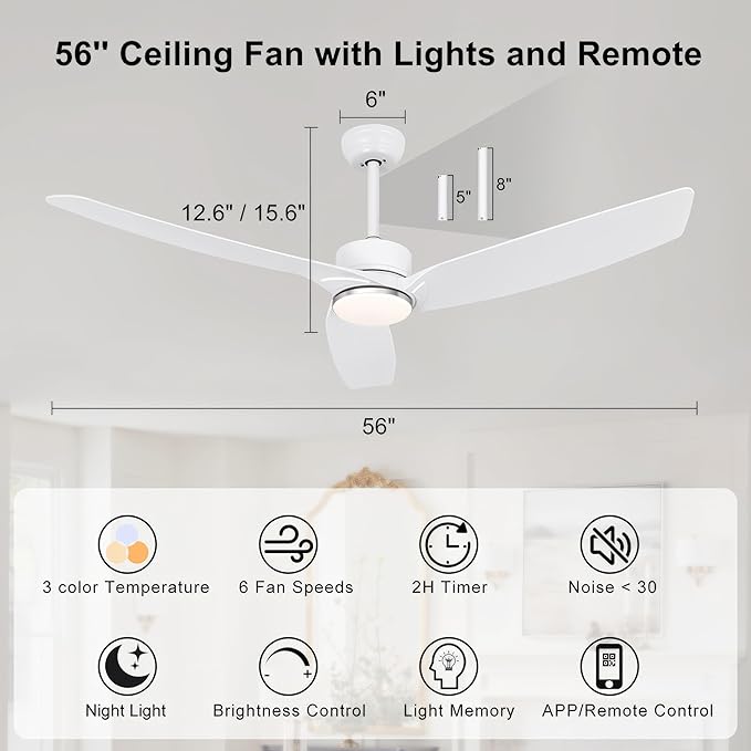 Ohniyou 56 Inch White Ceiling Fan with Lights, Modern 3 Blades Ceiling Fan with Remote/APP Control, Reversible DC Motor, Dimmable 3 CCT, Indoor Outdoor Ceiling Fan for Covered Patios Living Room