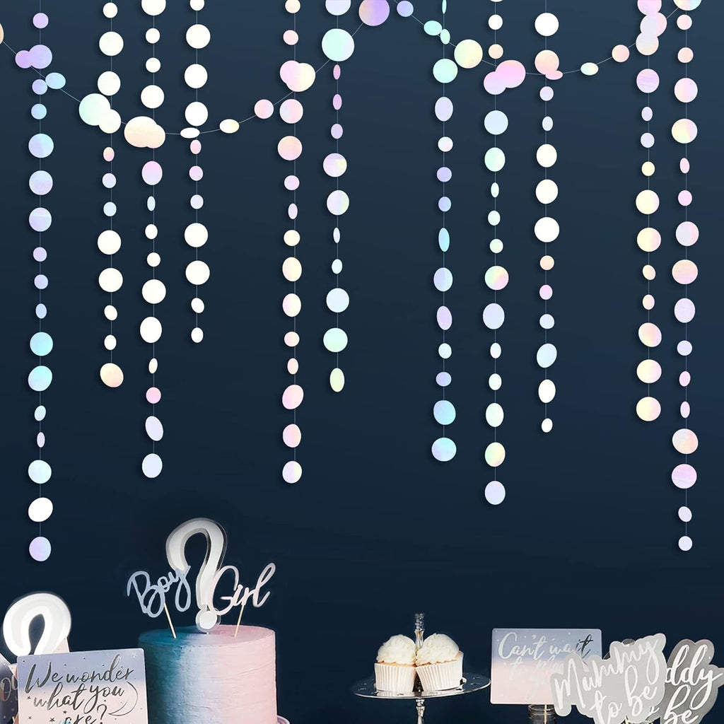 46 Ft White Iridescent Circle Dots Garland Hanging Holographic Polka Dots Streamer for Birthday Bachelorette Engagement Wedding Bridal Shower Galaxy Pastel Winter Christmas Party Decorations Supplies
