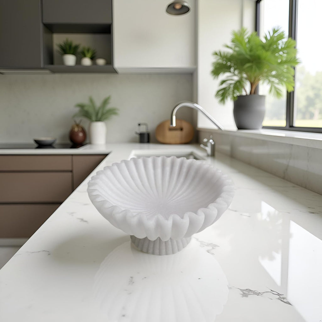 10" Large Decorative Bowl decor, Scalloped Bowls for Modern Home Decor,Ruffle Decor,Stylish Key Bowl for Entry Table,Decorative Fruit Bowl for Kitchen Counter,With base,Artificial Stone White