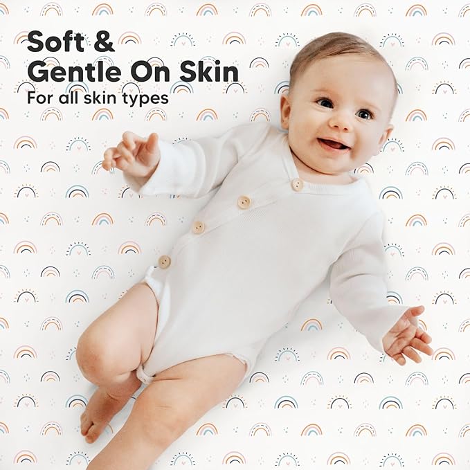 2-Pack Mini Crib Sheets Fitted, Pack and Play Sheets - Organic Cotton Pack N Play Sheets for Pack and Play Mattress, Playard Baby Crib Sheets, Jersey Crib Sheets Neutral for Boys (Jolly Rainbow)