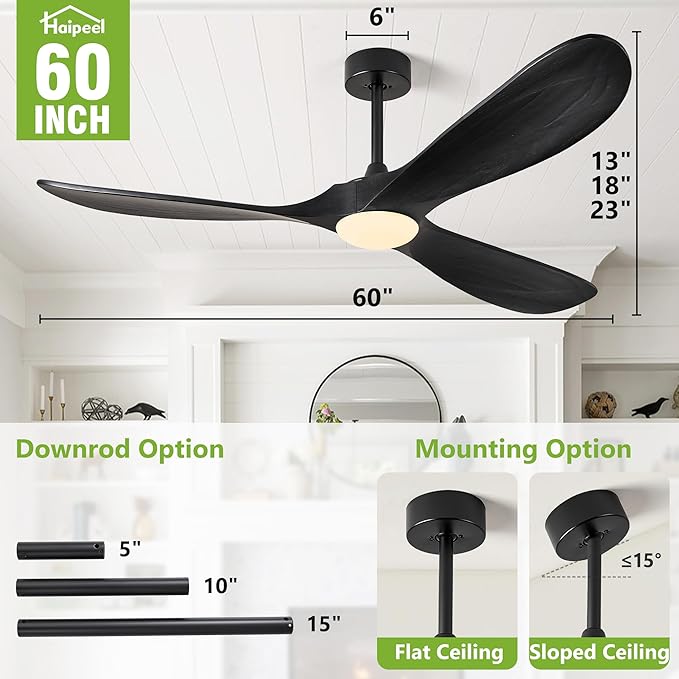 Ceiling Fans with Lights, 60 Inch Solid Wood Black Ceiling Fans with Lights and Remote Control for Outdoor Ceiling Fan with Light Propeller for Porch Farmhouse, DC ETL Listed, Matte Black