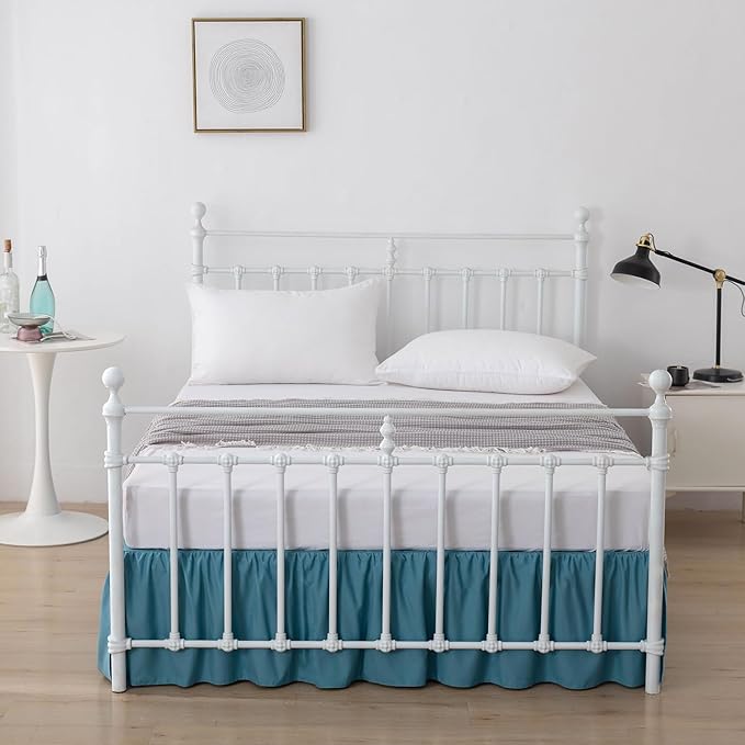 Bed Skirt Queen Size Ruffled Bed Skirt with Split Corners, 14 Inch Drop Dust Ruffle Bed Skirt with Platform, Teal Blue, 14''Queen