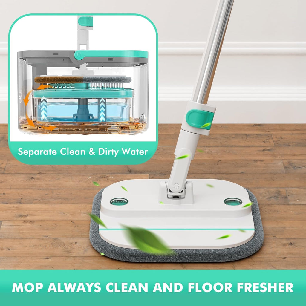 Upgraded Spin Mop and Bucket Set Self-Standing Mop Bucket Separate Dirty and Clean Water System Self Wringing 360° Rotating 90° Foldabl Mops and Buckets for Floor Cleaning (Blue, 6Pads)