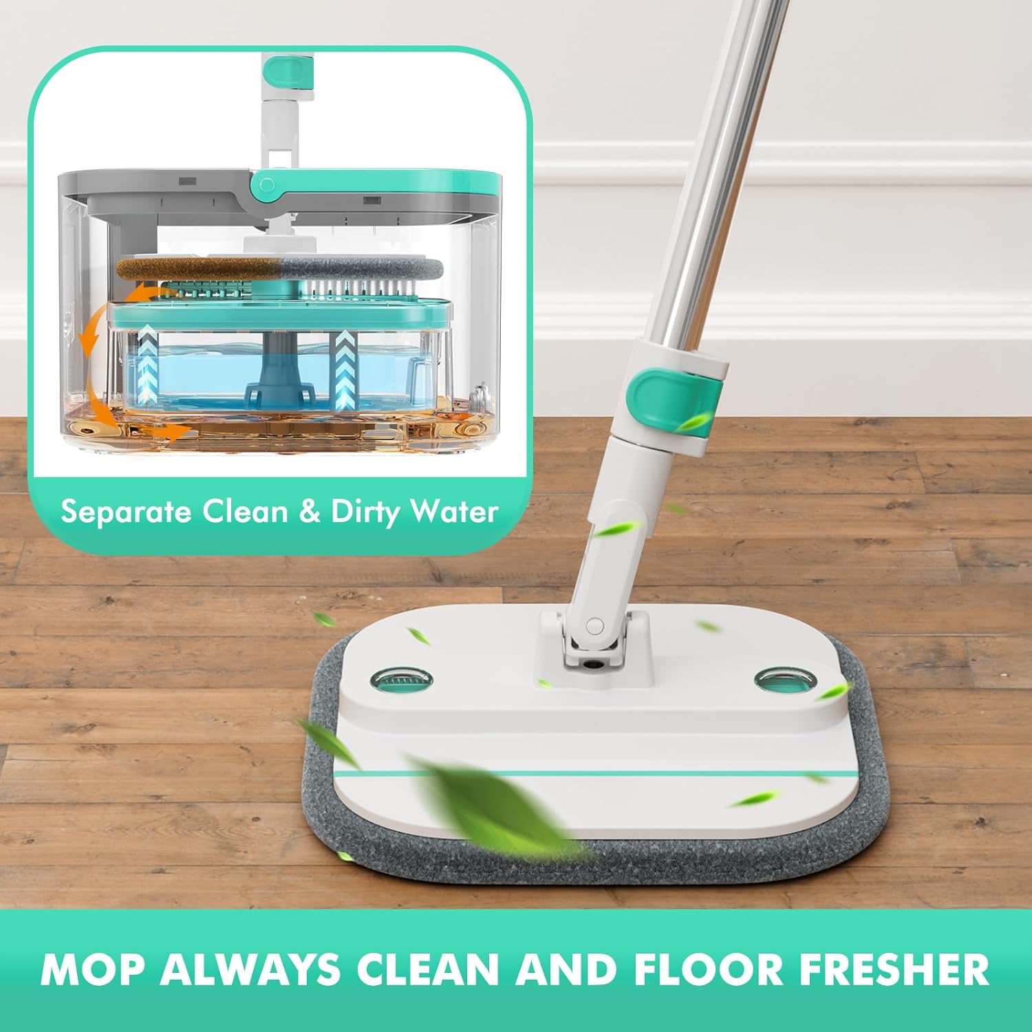 Upgraded Spin Mop and Bucket Self-Standing Mop Bucket Separate Dirty and Clean Water System Self Wringing 360° Rotating Clean Mop and Bucket Set with14Pads Mop-Blue
