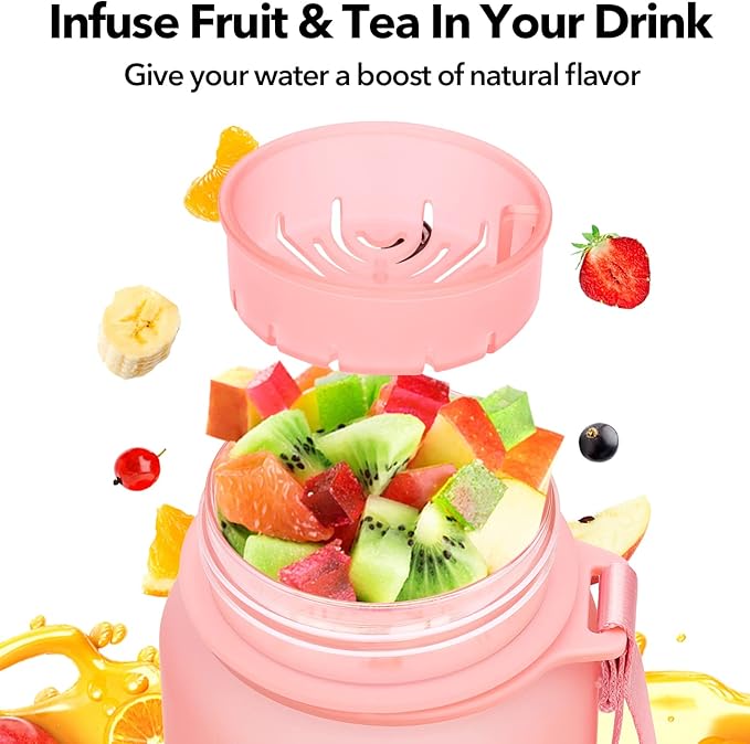 32oz Motivational Water Bottle with Time Marker & Fruit Strainer, Leak-proof BPA Free Non-Toxic 1l Bottle with Carrying Strap, Perfect for Fitness, Gym and Outdoor Sports (Rose Quartz)