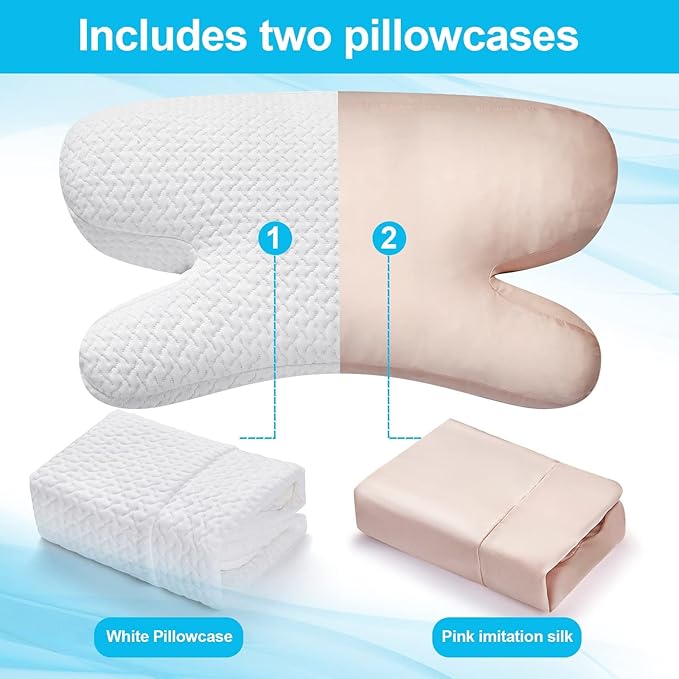 Side Sleeper Pillow Anti Wrinkle Aging Pillow Gel Shredded Memory Foam for Neck Pain Relief Pillow for Sleeping Side Back Stomach Sleeper Pillows (Regular White Style+Beige Nude Silk Pillowcase)