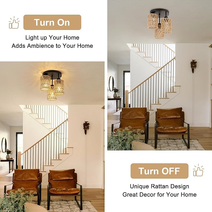 Boho Light Fixtures Ceiling Mount, 3-Light Boho Flush Mount Ceiling Light, Rattan Woven Chandelier Lighting for Farmhouse Bedroom Hallway Entryway Kitchen Nursery