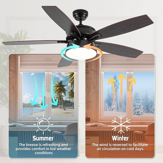 Ceiling Fans with Lights, 52 inch Ceiling Fan with Light and Remote Control, Reversible Flush Mount Ceiling Fan, Dimmable 5 Blades Low Profile Ceiling Fan for Living Room Bedroom