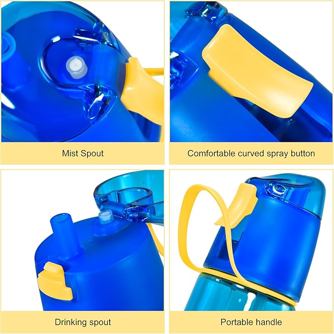 24 oz Sports Water Bottle with Spray Mist, Portable Water Mister Spray Bottle for Drinking, 2-In-1 Mist and Sip Bpa-Free Plastic Misting Water Bottle For Fitness and Outdoor, Black 1 Pack