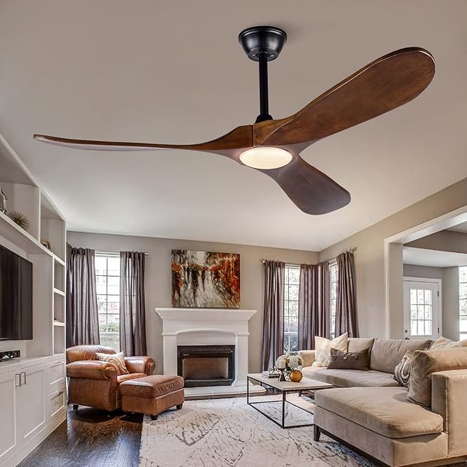 BOJUE 52 Inch Indoor Outdoor 3 Wooden Blades Remote Control with Light Modern Ceiling Fan for Terrace Living Room Bedroom (Deep Walnut Blades)