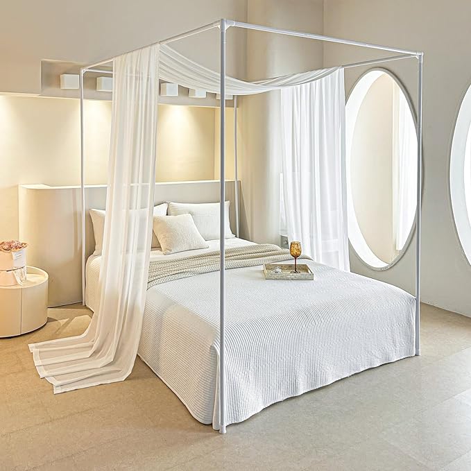 AIKASY White Bed Canopy Scarf for King - Luxury Sheer Canopy Bed Curtains with Light - Suitable for Four-Poster Bed, Metal Bed Frame, Wood Bed Frame -1pic