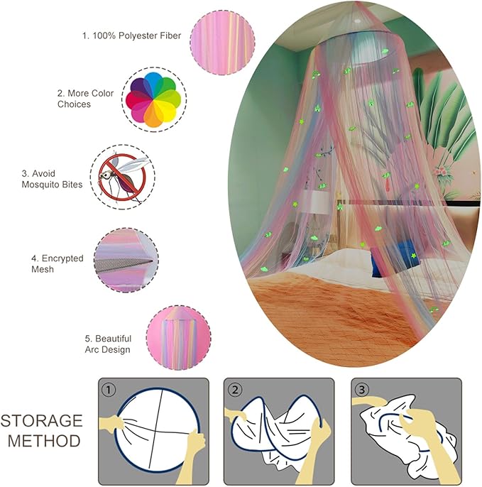 Eimilaly Princess Rainbow Bed Canopy with Unicorn Castle Glow in The Dark, Bed Canopy for Girls Room Decor or Fairy Theme Party